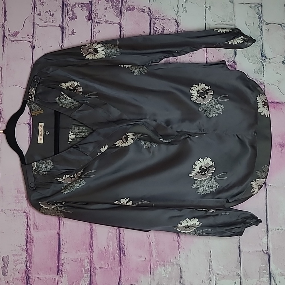 REBECCA TAYLOR DEEP GRAY DANDELION PRINTED SILK BLEND RUFFLE BLOUSE 4
